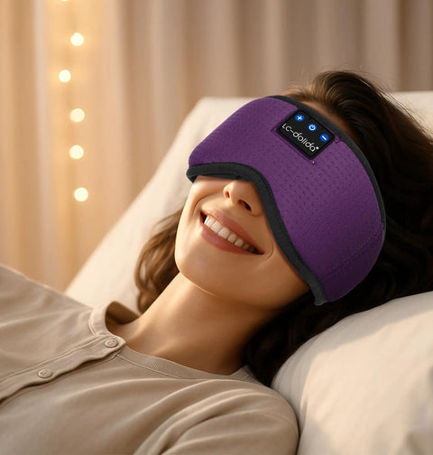 Bluetooth Sleep Mask With Built In Sleep Headphones for travel, woman using purple mask with breathable fabric resting on pillow