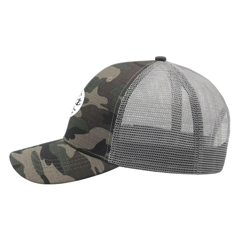 Camouflage side view of No Crying On The Yacht Women's Breathable Outdoor Trucker Hat With Adjustable Strap For Everyday Fits Laidback Vibe Sun Cap