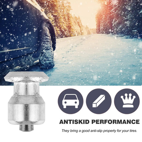 Close-up of Beefy Heavy Duty Spiral Screw Tire Studs Black Ice Crushing Spike Set 50 Count on snowy road for winter traction.