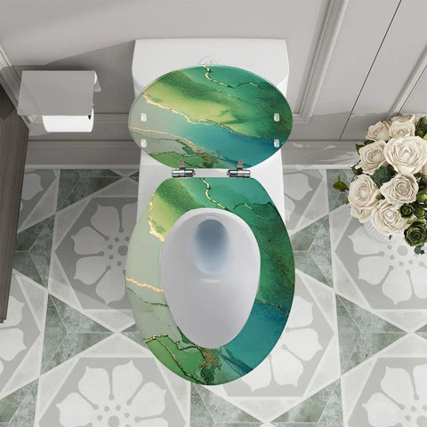 Elongated Toilet Seat Resin Bathroom featuring a green and blue marbled design, fits standard toilets, top view.