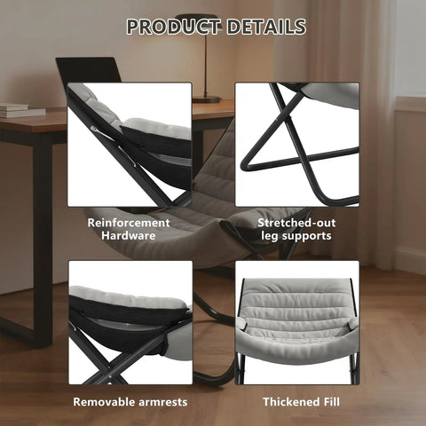 Product details for Three Position Adjustable Folding Recliner Chair With Ottoman And Armrests, gray finish.