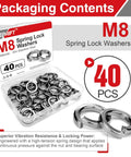 M8 Stainless Steel Split Lock Washers Set, 40 Pcs in packaging with close-up of washers for bolts nuts and screws