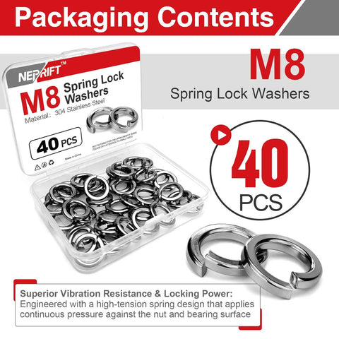 M8 Stainless Steel Split Lock Washers Set, 40 Pcs in packaging with close-up of washers for bolts nuts and screws