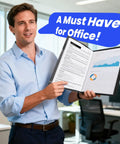 Man holding 30 Pocket Portfolio Binder With 60 Pages And 8.5x11 Size, Plastic Sleeves And Clear Sheet Protectors in office.