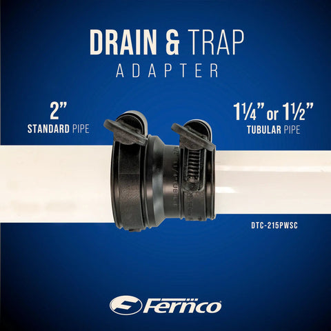 Tubular To 2 Inch Drain Pipe Flexible Adapter Coupling With EZYCLAMP Tool Free Bands, Fits 1.25 Or 1.5 Inch Tubular Piping Into 2 Inch DWV System, Quick Hand Tighten, No Screwdrivers, Glue Or Hardware, Easy Home Plumbing Fix. Black PVC drain adapter for 2-inch standard pipe to 1.25-inch or 1.5-inch tubular pipe.