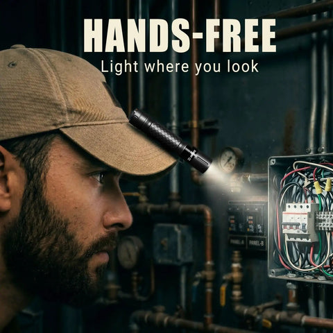 Man using Compact 3 Mode LED Flashlight With Clip for EDC on hat, illuminating control panel in industrial setting.