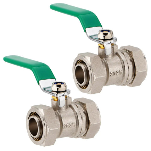 Three Quarter Inch Inline Ball Valve Shut Off Fittings Nickel Plated Brass Built Tough Heavy Duty 175 PSI Two Pack For Compressed Air Piping System With Double O Ring Seals Emergency Shut Off Ready For Industrial Use