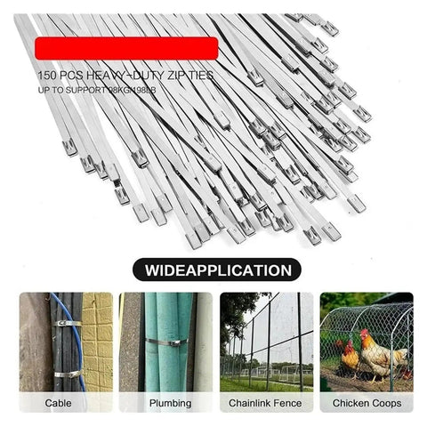 Heavy Duty Stainless Steel Cable Tie Tool Kit With 150 Pcs Metal Zip Ties showing flat metal ties for cable and fencing use.