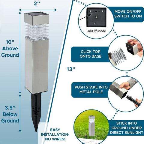 Diagram of Eight Pack Solar Pathway Lights With Auto On Off Led Outdoor Landscape Lighting showing dimensions and installation steps.