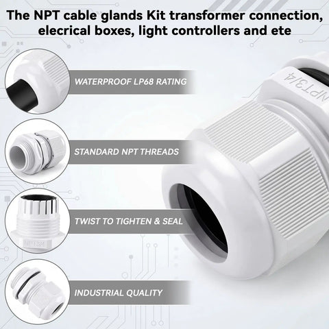 100 Pack 3/4 In NPT Grey Nylon Cable Gland Waterproof IP68 PA68 Adjustable Locknut Cord Grip details and features