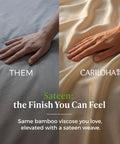 Luxurious Bamboo Viscose Sheet Set In Coconut Milk Fits Standard Split King Bed Frames with soft sateen finish, side-by-side comparison.