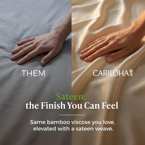 Luxurious Bamboo Viscose Sheet Set In Coconut Milk Fits Standard Split King Bed Frames with soft sateen finish, side-by-side comparison.