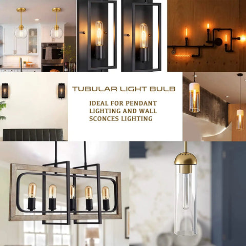 Collage of Dimmable T10 Amber LED Tubular Bulb 6W 60W Equivalent in retro wall sconces and pendant lighting setups