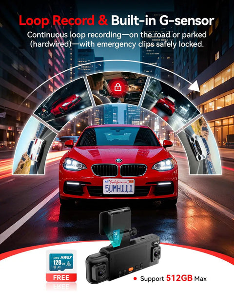360 Degree Four Channel Dash Cam With FHD Front, Rear, And Inside Coverage featuring built-in G-sensor and loop recording