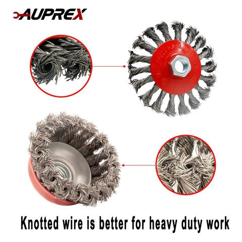 Front view of AUPREX 4-pack wire wheel and cup brush set for 4-1/2 in grinders with 5/8-11 arbor.