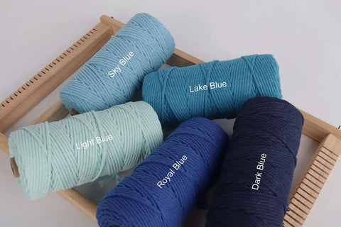Variety of sky, lake, light, royal, and dark blue Natural Macrame Cord 2mm Thick 220 Yards Colorful 3 Strand Twisted Cotton Rope