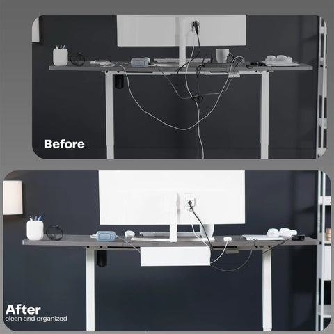 Comparison of desk before and after using Under Desk Cable Management Tray For A Clean Home Office, 16.5 Inch Cord Organizer setup