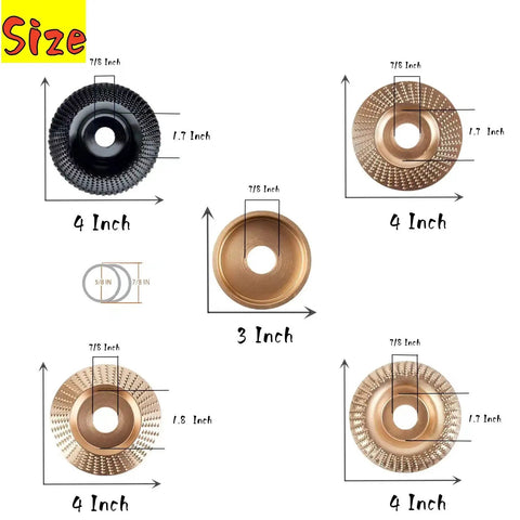 Kickass 5 Pack Wood Carving Discs For Angle Grinders Featuring 4 And 4 1 2 Inch Teeth With 5 8 Inch Arbor Heavy Carbon Steel Stump Grinding Wheels To Crunch Logs Fast showing different disc sizes and specifications.
