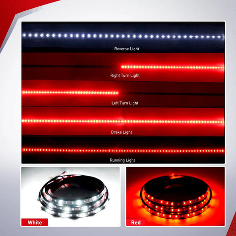 49 Inch LED Tailgate Light Strip With 90 LEDs In Red And White For Running Lights, Brake, Turn Signals And Reverse Light