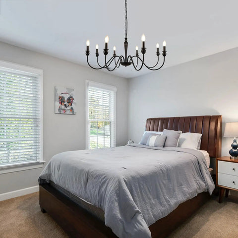 8 Light Black Farmhouse Chandelier For Dining Room And Living Areas Rustic Industrial Iron Candle Chandeliers in bedroom