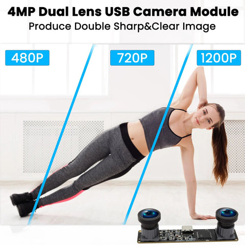 Image showing Dual Lens Global Shutter USB Camera Module For PC 4MP HD 3200X1200 MJPEG At 60FPS capturing a woman doing a side plank.