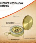 Waterproof Brass Compass For Hiking And Survival With Large Dial And Glow In The Dark Markings, Pocket Keychain Loop