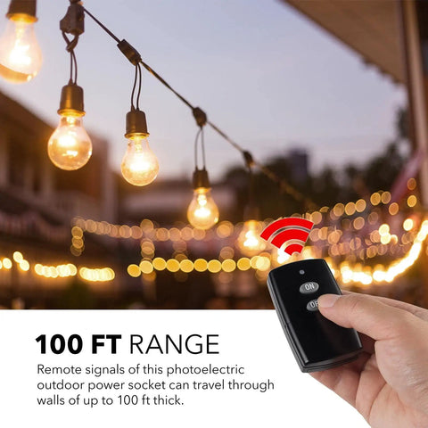 Hand holding remote control with lights in background for Outdoor Indoor Wireless Remote Control 3 Prong Outlet Kit