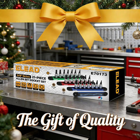 Pro Grade 21-Piece Hex And Torx Socket Set With Magnetic Rail Organizer box on workshop table with holiday decor
