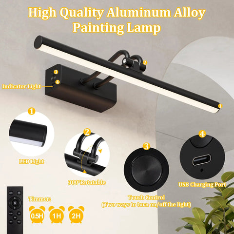 Slick Battery Operated Picture Light For Wall In Bold Black With Seamless RF Remote Control For Flawless Art Display And No Fuss Installation showing LED light and touch control.