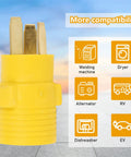Heavy Duty Nema 10 50P To 14 50R Adapter Connects Three Prong Male Plug To Four Prong Female Receptacle For Smooth Ev Charging And Rv Power Ups With Hella Durable Build close-up of yellow adapter showing prong details.