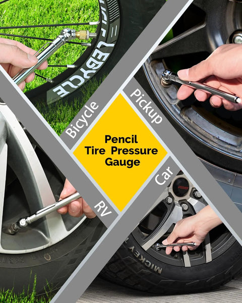 Pencil tire pressure gauge 2-pack with valve caps; stainless steel body, handheld gauge for car, pickup, RV, bicycle