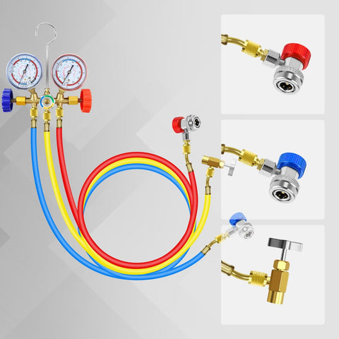 3 Way Car HVAC Manifold Gauge Set With Hoses And Quick Coupler Adapter For R134a R404a Refrigerant Charging Tool Kit