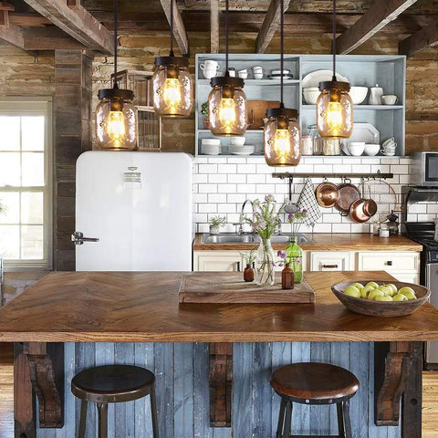 Five-Light Mason Jar Chandelier For Kitchen Island Farmhouse Linear Pendant Light Fixture With Matte Black Finish And Glass Shades For Dope Dining Room Lighting illuminating rustic kitchen.
