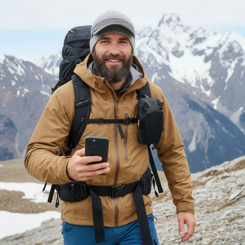 Man with backpack and phone, using Backpack Strap Phone Pouch Ultra Lightweight Waterproof Phone Pocket Clips To Your Shoulder Strap For Hiking Travel And Cycling Grab And Go Quick Access Hands Free Outdoor Accessory