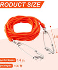 Spearfishing Float Line 100 Ft Orange Foam Filled Braided Polypropylene Tow Rope Pro Grade One Quarter Inch Diameter With Five Point Nine Inch Rotating Stainless Clamps And Stainless Hooks
