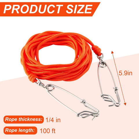 Spearfishing Float Line 100 Ft Orange Foam Filled Braided Polypropylene Tow Rope Pro Grade One Quarter Inch Diameter With Five Point Nine Inch Rotating Stainless Clamps And Stainless Hooks