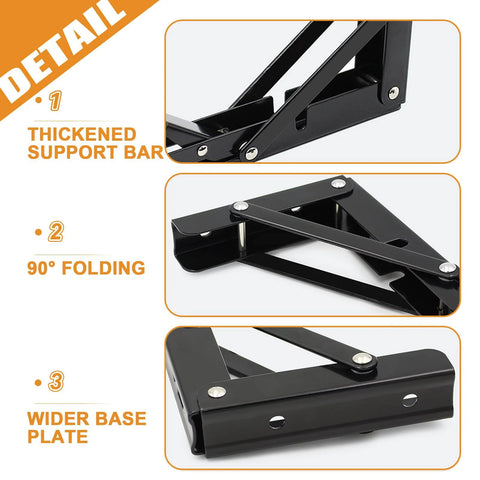 Detailed view showing 10 Inch Folding Shelf Brackets Pack of 2 with thickened support bar, 90° folding, and wide base plate