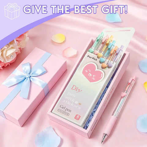 DIY Gel Pens With Cute Stickers Six Pack 0.7mm Black Ink Smooth Writing Quick Dry Journaling Pens gift box on pink background