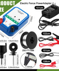 All In One Beefed Up Electric Fence Kit components including charger, wire, insulators, socket tool, and clips Classic Blue Version