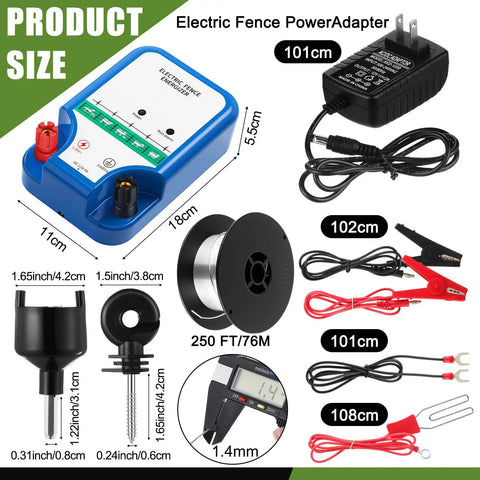 All In One Beefed Up Electric Fence Kit components including charger, wire, insulators, socket tool, and clips Classic Blue Version