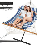 Two Person Outdoor Hammock With Stand For Lazy Summer Lounging, Cotton Rope Hammock With Removable Quilted Polyester Pad