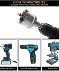 Twelve Piece Heavy Duty Pro Grade Carbide TCT Hole Saw Kit with titanium drill attached to various compatible power tools