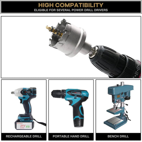 Twelve Piece Heavy Duty Pro Grade Carbide TCT Hole Saw Kit with titanium drill attached to various compatible power tools