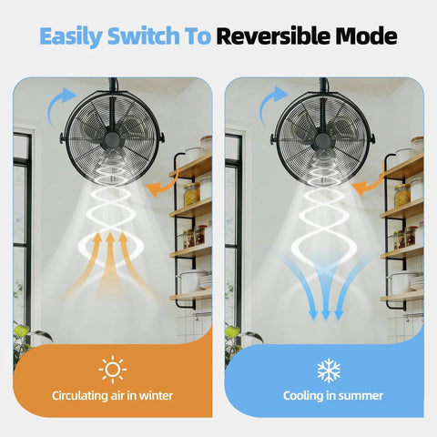 20-Inch Wall Mounted Fan With Lights, 360 Degree Tilt, Reversible Mode, cooling and air circulation in a kitchen setting
