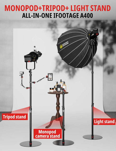 Round Base Light Stand Monopod for Cameras and Lighting, 79 Inch Tall, Space Saving Studio Rig shown with camera setup.