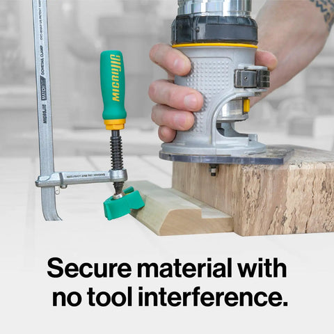 MatchFit Dovetail AP Clamp With X Pad for Router Tables and CNC Fixtures securing wood with router in action
