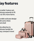 Front view: Amazon Basics rose gold 3-piece luggage set - 22-inch hardside suitcase, 15-inch tote, 10-inch travel bag.