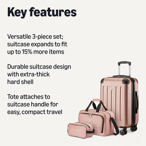 Front view: Amazon Basics rose gold 3-piece luggage set - 22-inch hardside suitcase, 15-inch tote, 10-inch travel bag.