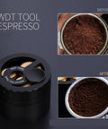Geared Espresso Leveler And Magnetic Coffee Needle Distributor For 51 54 58 Millimeter Portafilters showing before and after coffee distribution.