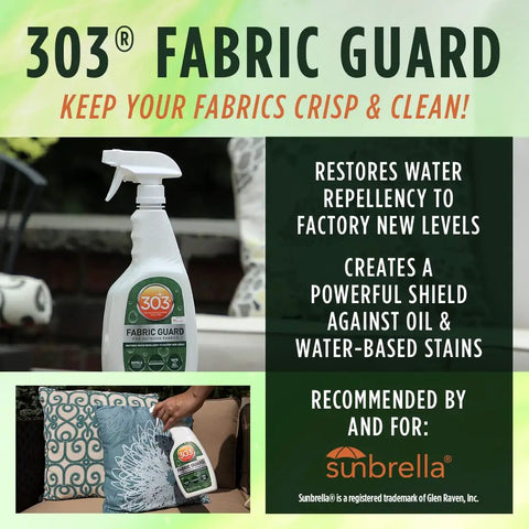 Outdoor Fabric Guard Restores Water Repellency To Factory New Levels, 32 oz spray bottle near patio cushions